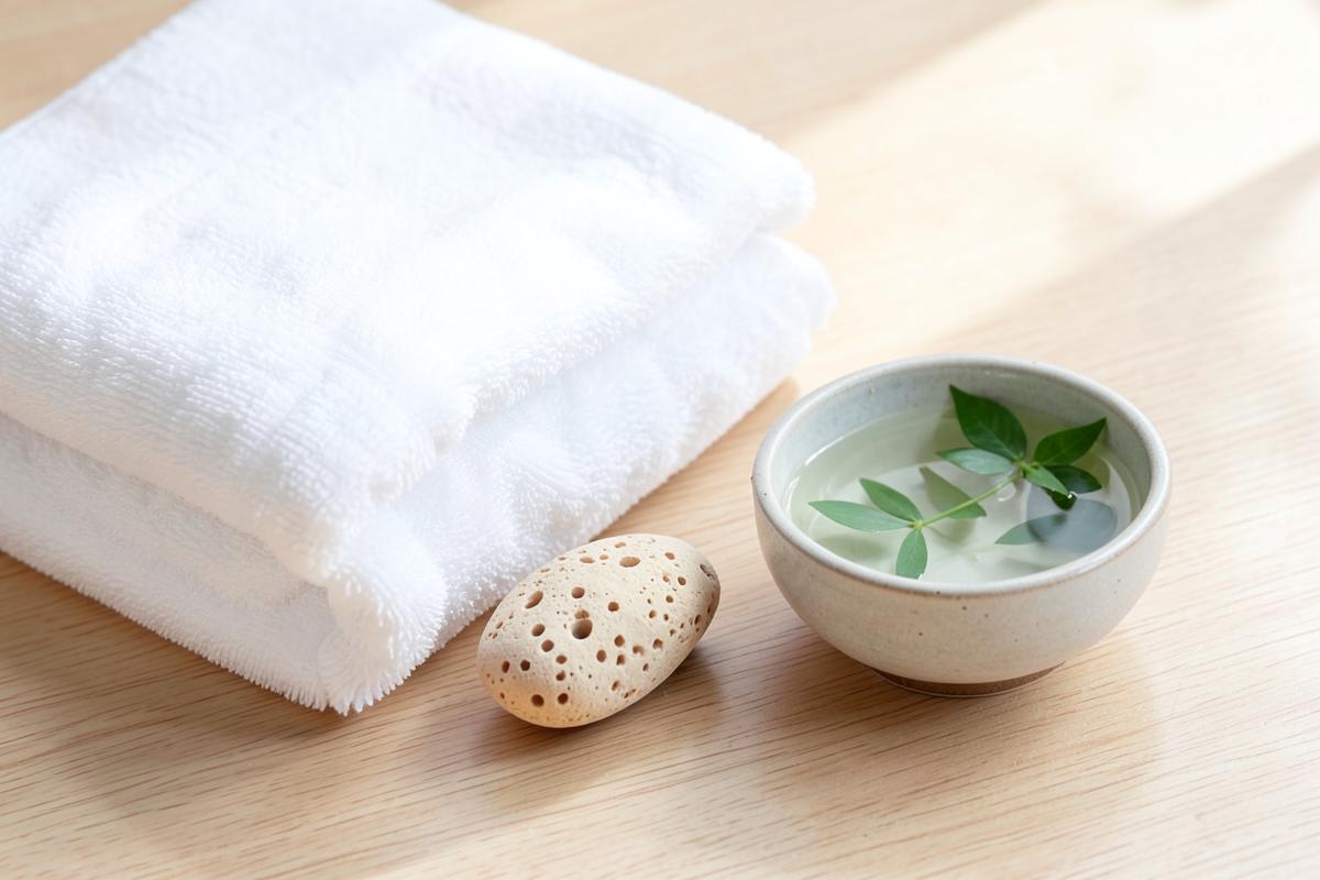 Fußpflege-Routine mit Handtuch, Bimsstein und Kräuterwasser als Begleitung zur Kur