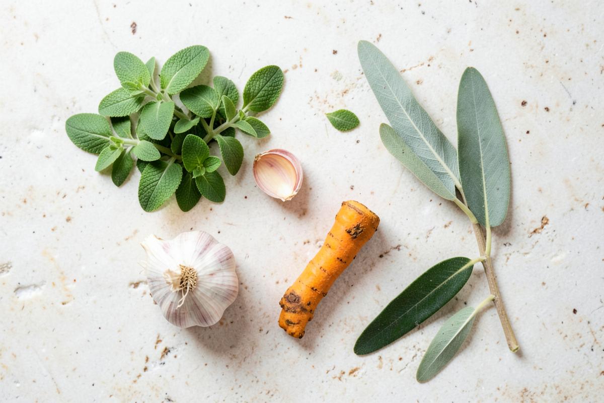 Pflanzliche Inhaltsstoffe wie Oregano, Knoblauch, Kurkuma und Olivenblatt